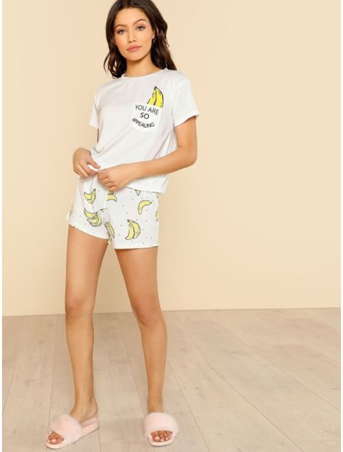 Shein Banana Print Pocket Front Top With Shorts Pajama Set