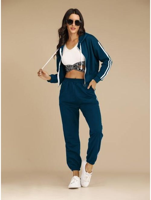 Zip Up Striped Side Drawstring Hoodie With Sweatpants