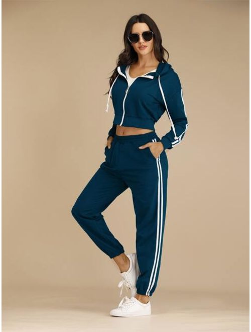 Zip Up Striped Side Drawstring Hoodie With Sweatpants