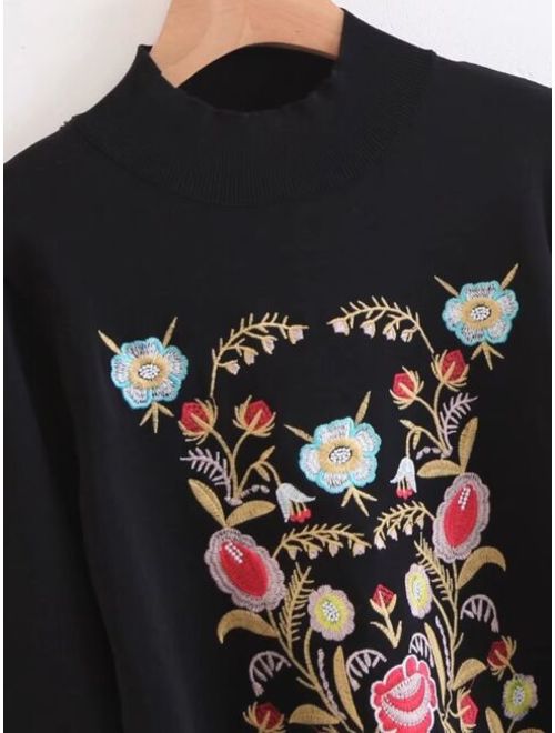 Embroidery Drawstring Lantern Sleeve Sweater
