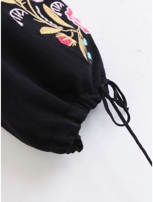 Embroidery Drawstring Lantern Sleeve Sweater