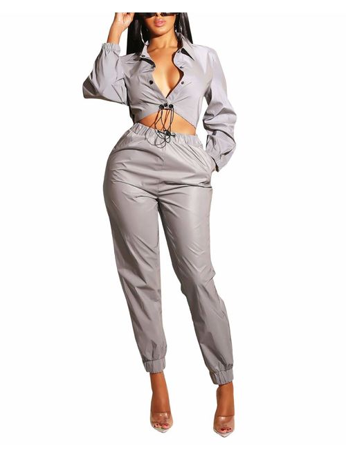 MS Mouse Women 2 Piece Outfits Reflect Light Long Sleeve Button Down Top + Skinny Pants