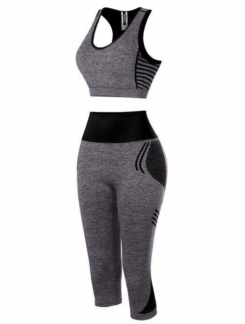 ZXFHZS Women Striped Sleeveless Top Two Pieces Outfits Sports Pants Playsuit Yoga Set 