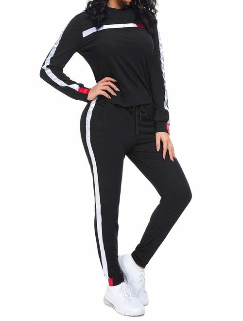 GOSO Women's 2 Pieces Sweatsuits Set Stripe Patchwork Long Sleeve Pullover Long Pants Tracksuits Sets