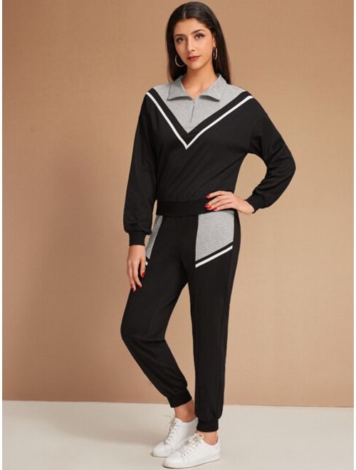 Shein Chevron Print Colorblock Half Zipper Pullover & Pants Set