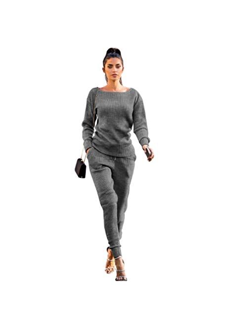 Nuofengkudu Womens Fall Pullover Sweater Tops & Jogger knitted lounge Sweatsuit 2 Piece Outfits Tracksuit