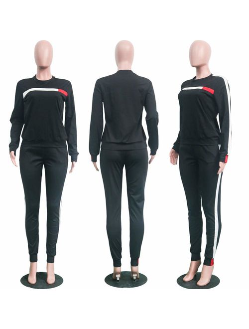 Women's 2 Piece Outfits - Stripe Patchwork Sweatsuits Long Sleeve Pullover Sweatshirt Skinny Long Pants Tracksuit Set