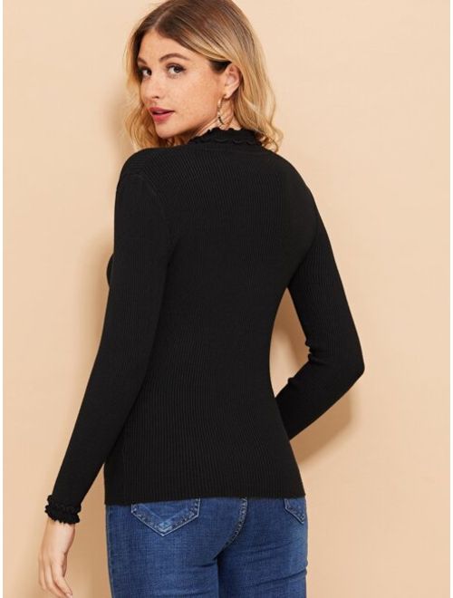 Lettuce Trim Ribbed Knit Sweater
