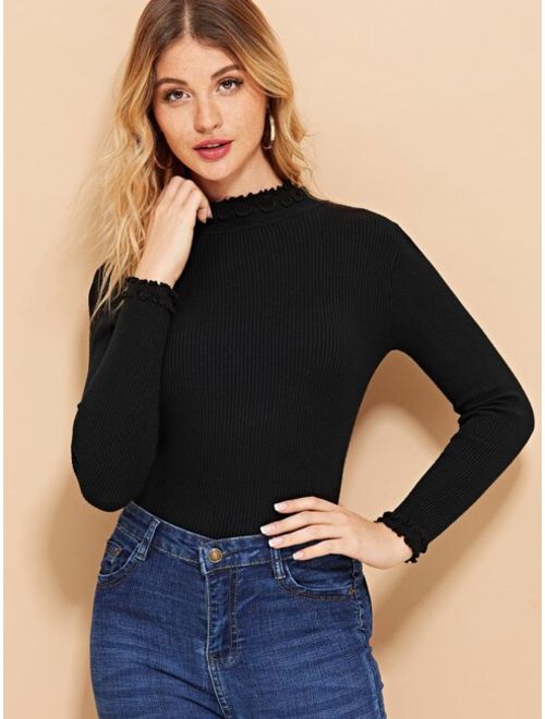 Lettuce Trim Ribbed Knit Sweater