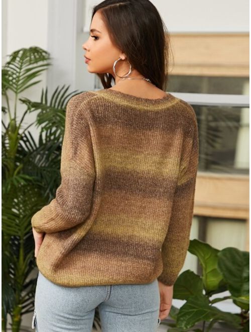 Shein Drop Shoulder V Neck Ombre Sweater