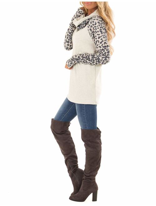 Blivener Women's Casual Sweatshirts Long Sleeve Leopard Print Tops Cowl Neck Raglan Shirts