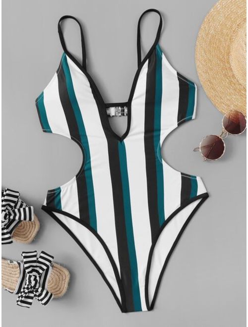 Bikini Top Styles Striped Cut out Backless One Piece Swimsuit Topofstyle
