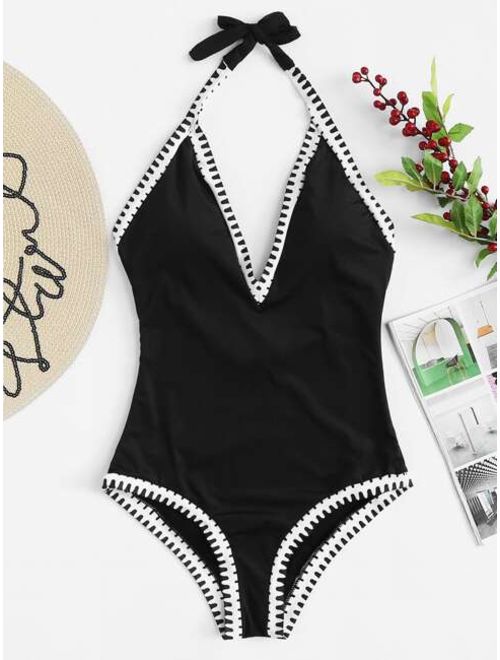 Bikini Top Styles Contrast Trim Halter One Piece Swimsuit Topofstyle