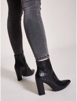 Black PU Point Toe Side Zip Croc Chunky High Heel Boots