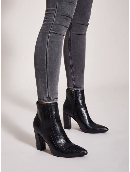Shein Black PU Point Toe Side Zip Croc Chunky High Heel Boots