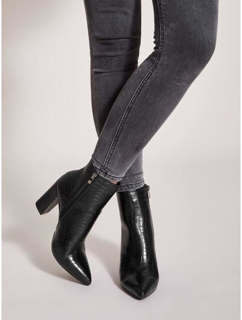 Shein Black PU Point Toe Side Zip Croc Chunky High Heel Boots