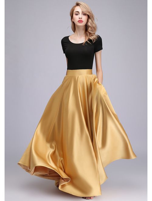 honey qiao Women Satin Skirts Long Floor Length High Waist Fomal Prom Party Skirts with Pockets Back Zipper Closure