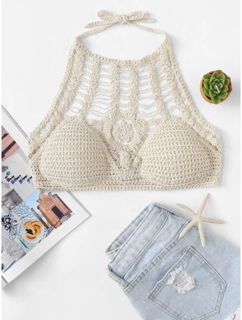 Hollow Out Self Tie Crocheted Halter Top