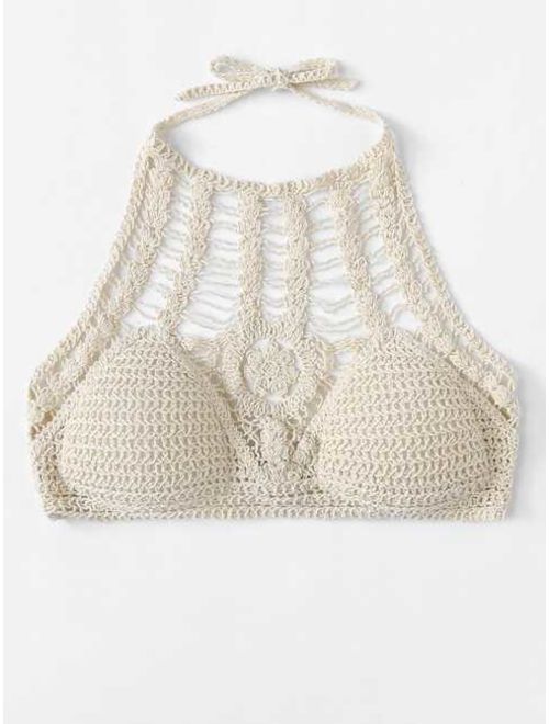 Hollow Out Self Tie Crocheted Halter Top