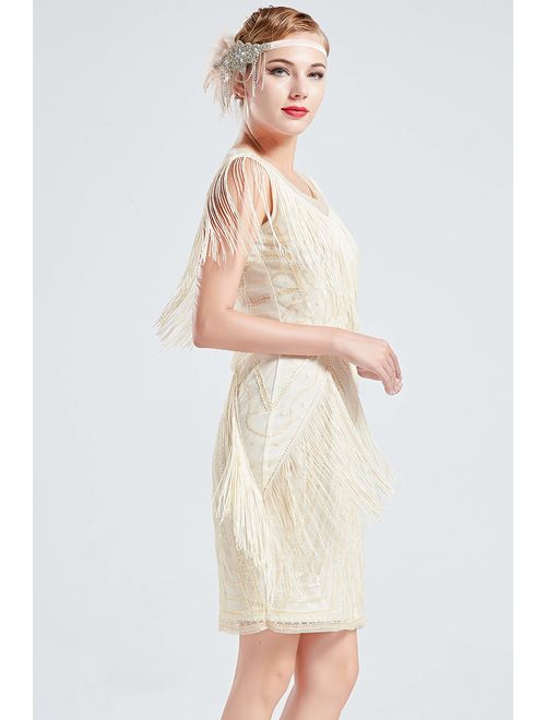 BABEYOND 1920s Gatsby Dress Long Fringe Flapper Dress Roaring 20s Sequins Beaded Dress Vintage Art Deco Dress