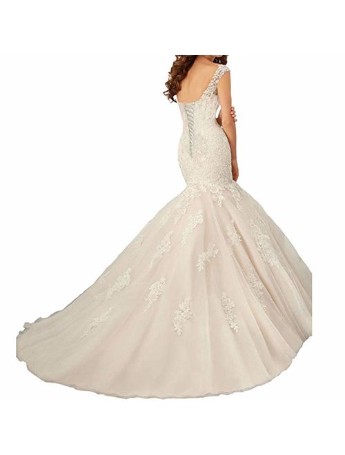 OWMAN Women's Cap Sleeves Trumpet Lace Backless Wedding Dresses Long Bridal Gowns