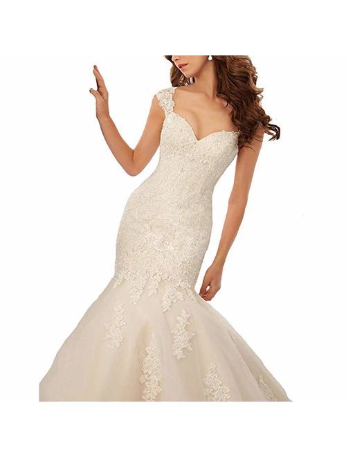 OWMAN Women's Cap Sleeves Trumpet Lace Backless Wedding Dresses Long Bridal Gowns