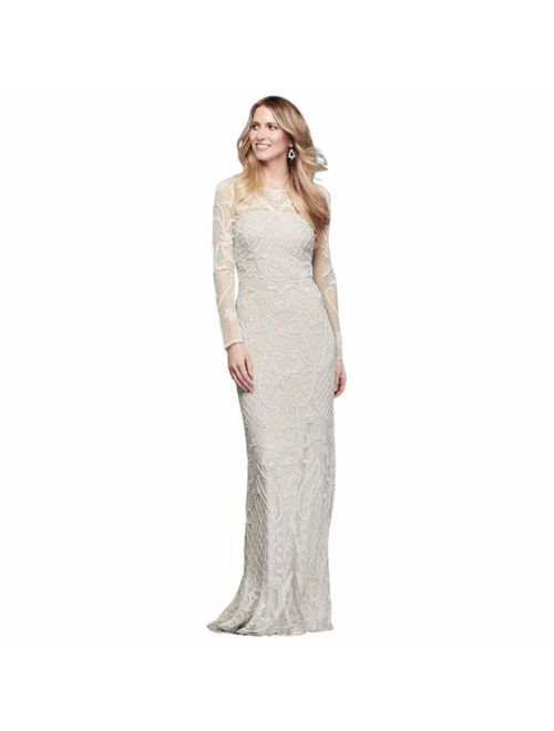 David's Bridal Allover Scroll Beaded Illusion Long Sleeve Gown Style WGIN718
