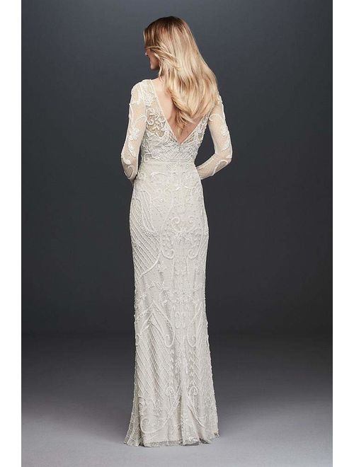 David's Bridal Allover Scroll Beaded Illusion Long Sleeve Gown Style WGIN718