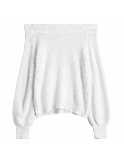 Women's Knit Sweater Lantern Sleeve Casual Batwing Sleeve Off Shoulder Loose Pullover Jumper