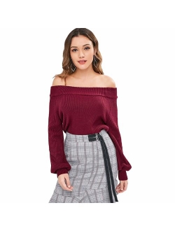 Women's Knit Sweater Lantern Sleeve Casual Batwing Sleeve Off Shoulder Loose Pullover Jumper