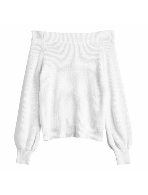 ZAFUL Women's Knit Sweater Lantern Sleeve Casual Batwing Sleeve Off Shoulder Loose Pullover Jumper