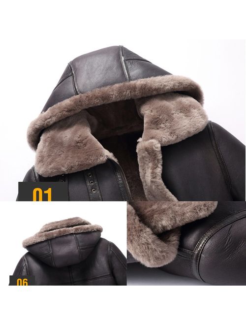 Hooded Shearling Jacket Mens B3 Flight Jacket Short Leather Jacket Mans Sheepskin Aviator Fur Coat