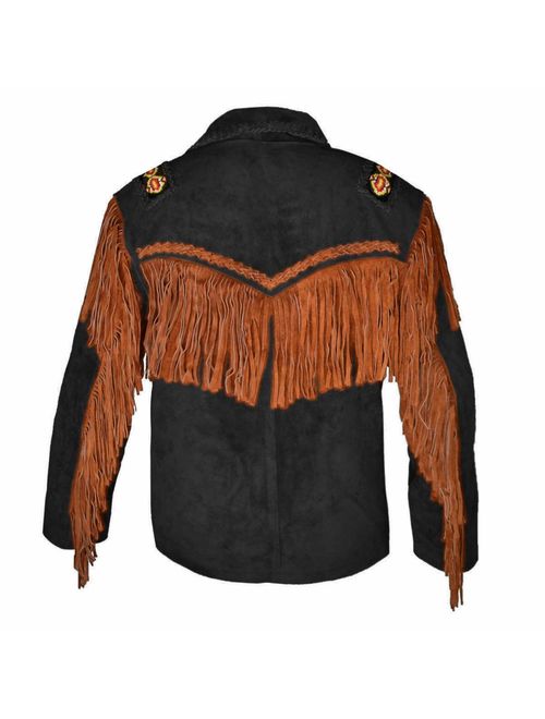 COCOBEEUSA Seasonal Men's Western Suede Leather Jacket with Fringe and Beaded Native American Jacket