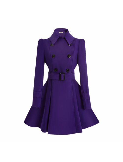 ForeMode Women Swing Double Breasted Wool Pea Coat with Belt Buckle Spring Mid-Long Long Sleeve Lapel Dresses Outwear
