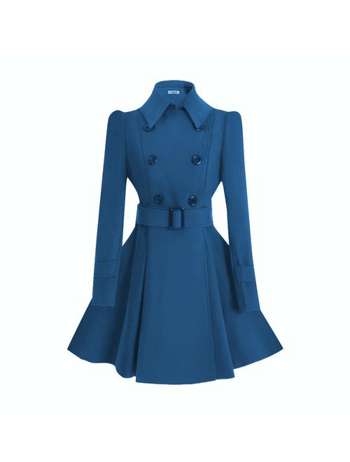 ForeMode Women Swing Double Breasted Wool Pea Coat with Belt Buckle Spring Mid-Long Long Sleeve Lapel Dresses Outwear