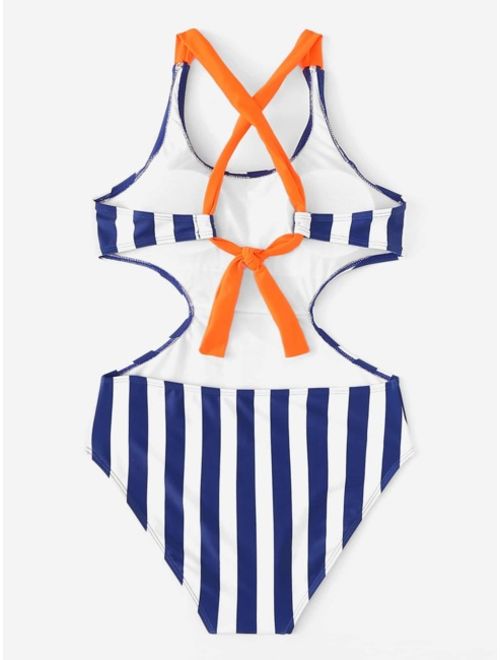 Criss Cross Random Striped One Piece Swimwear