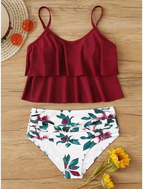 Tiered Layer Top With Floral High Waist Tankini