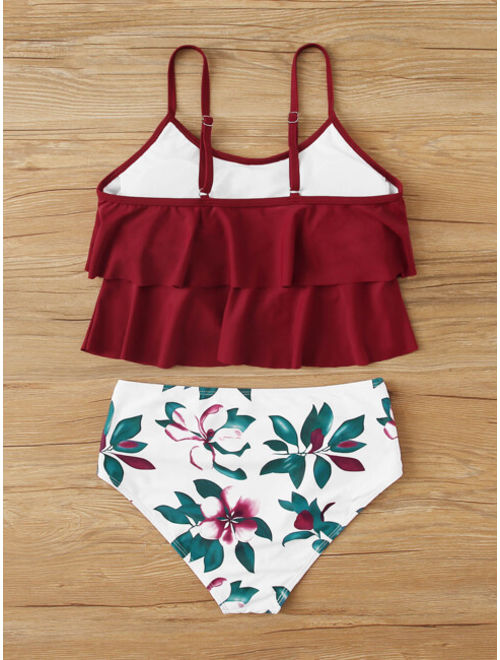 Tiered Layer Top With Floral High Waist Tankini