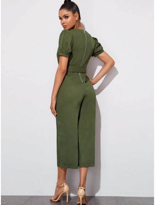 Puff Sleeve Wide Leg Belted Jumpsuit