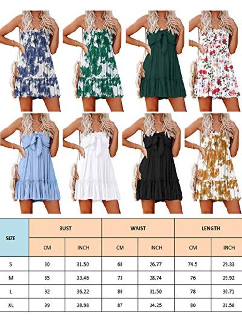 ECOWISH Womens Dresses Floral Spaghetti Strap Tie Knot Front Flowy Pleated Mini Swing Dress