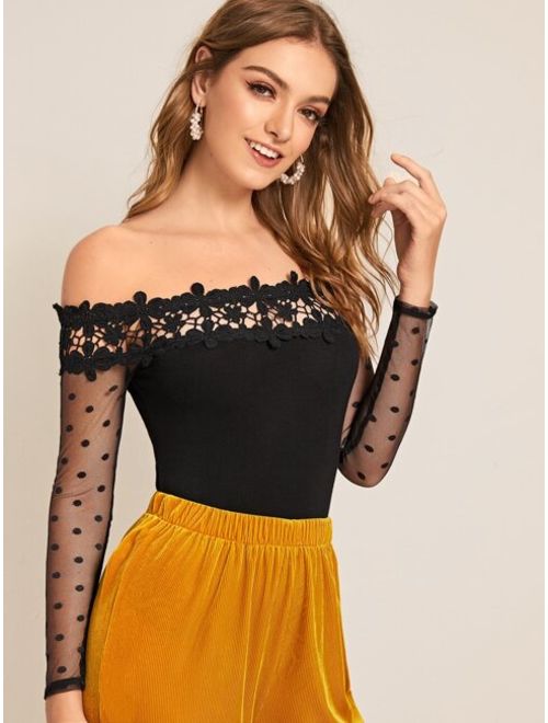 Shein Off Shoulder Guipure Lace Trim Dobby Mesh Sleeve Top