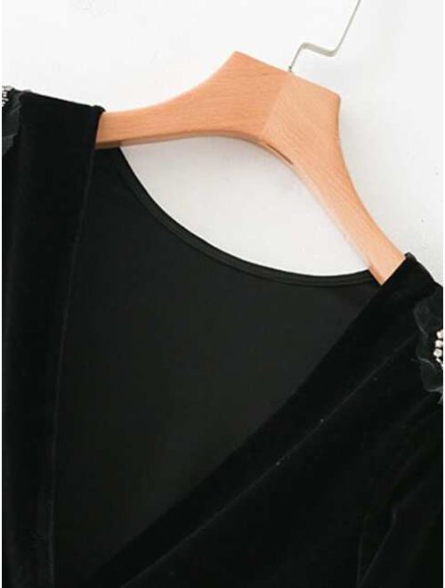 Beaded Shoulder Surplice Velvet Bodysuit