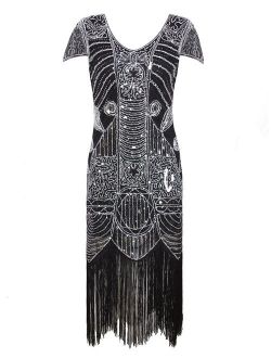 Vijiv 1920s Gatsby Flapper Dresses with Sleeves Sequin Art Deco Cocktail Dress
