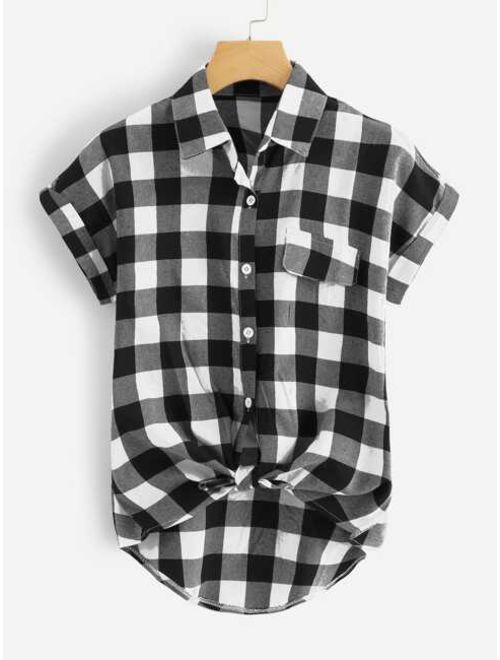 Shein Buffalo Plaid Rolled Cuff Knot Hem Shirt