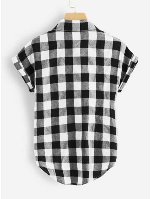 Shein Buffalo Plaid Rolled Cuff Knot Hem Shirt