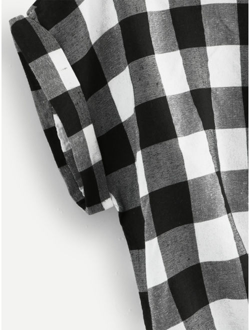 Shein Buffalo Plaid Rolled Cuff Knot Hem Shirt