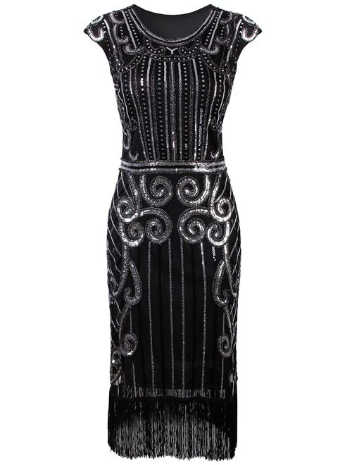VIJIV 1920s Vintage Inspired Sequin Embellished Fringe Long Gatsby Flapper Dress