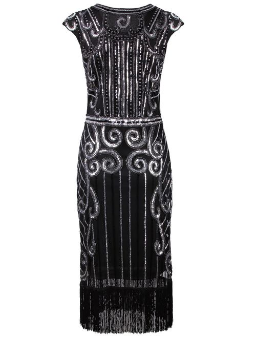 VIJIV 1920s Vintage Inspired Sequin Embellished Fringe Long Gatsby Flapper Dress