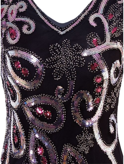 Vijiv Womens Vintage 1920s Style Peacock Sequin Roaring 20s Gatsby Party Flapper Dress 