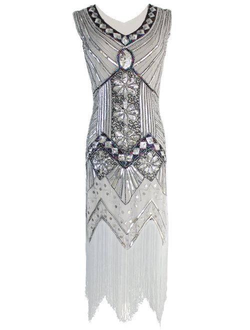 Vijiv Women 1920s Gastby Sequin Art Nouveau Embellished Fringed Flapper Dress